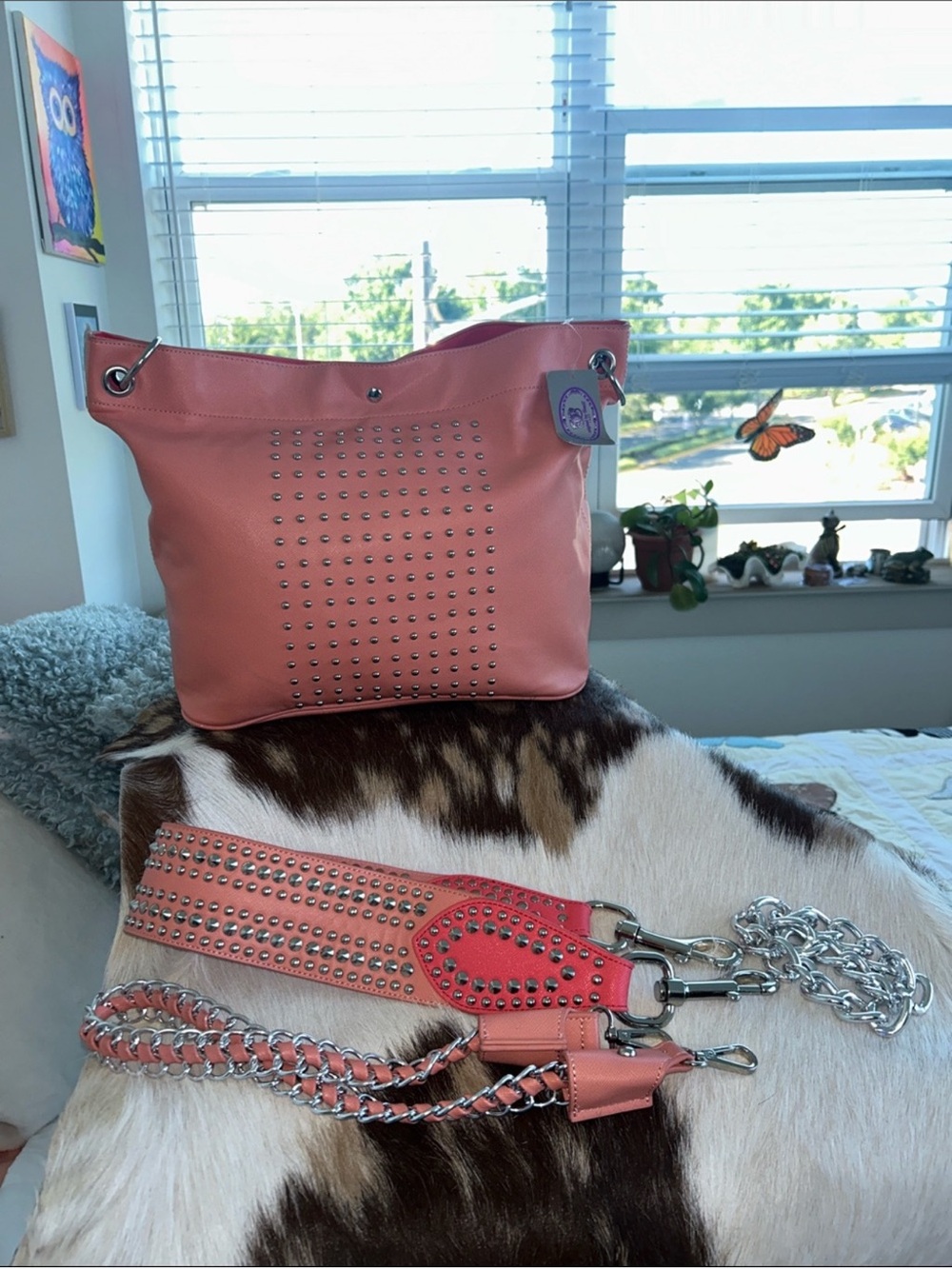 Sharif NWT Coral Pink Studded Tote with Leather Studded Strap and Chain Straps - Picture 2 of 12